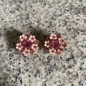 VGT Pink Rhinestone Floral Design Clip-on Statement Earrings Gold-tone Back